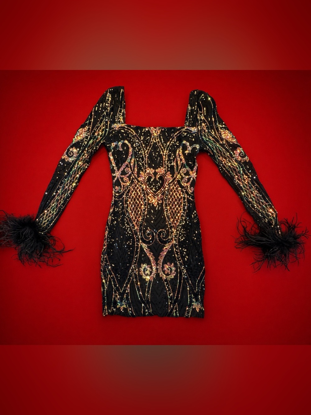Banjul Sequin Mini-Dress With Feather Accents On Sleeves Size S